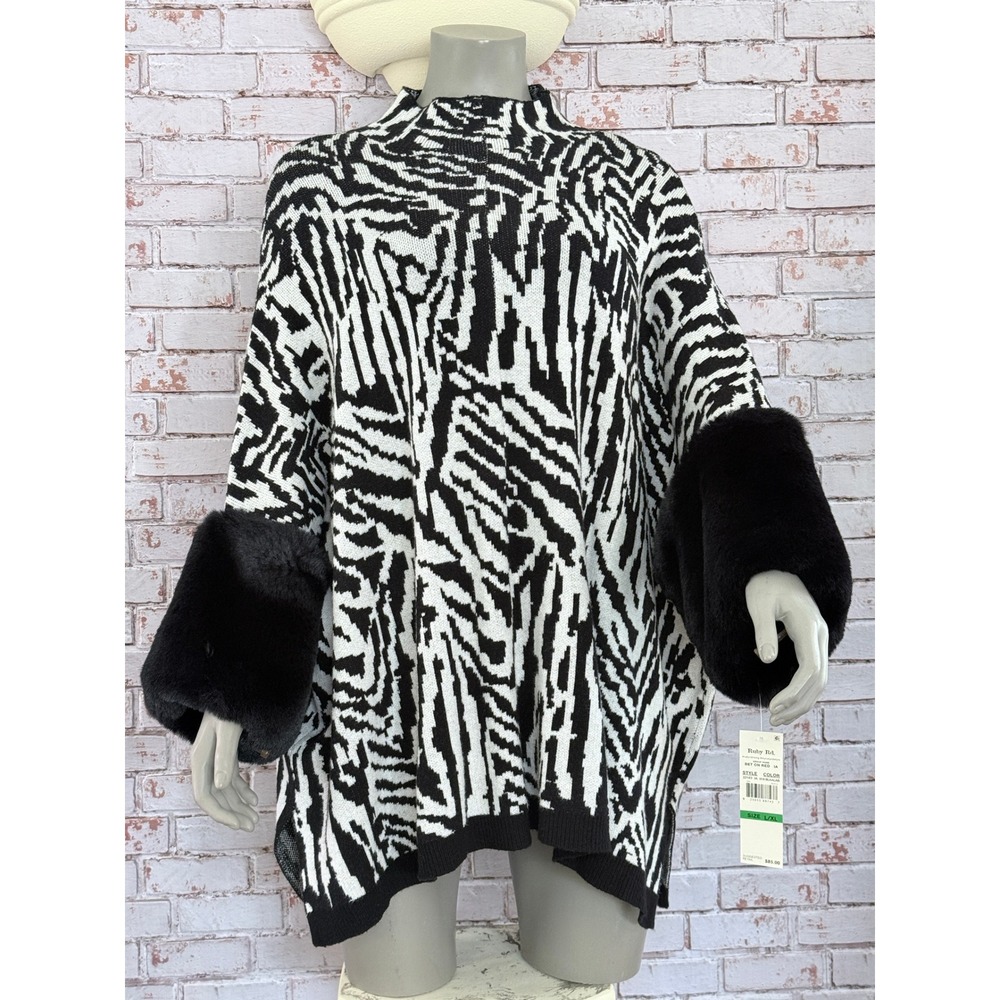 Ruby Rd Zebra Print Poncho Sweater Mock Neck Faux Fur Cuffs Black White L/XL